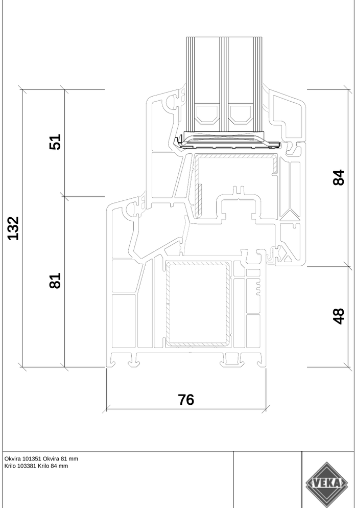 VEKA SOFTLINE 76 MD – Frame and sash cross-section in the proMATIC design (dimensions in mm)