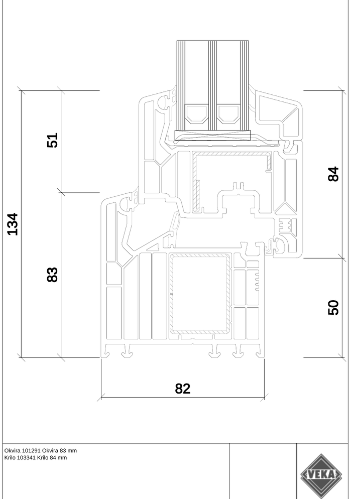 VEKA SOFTLINE 82 MD – Frame and sash cross-section in the proMATIC design (dimensions in mm)